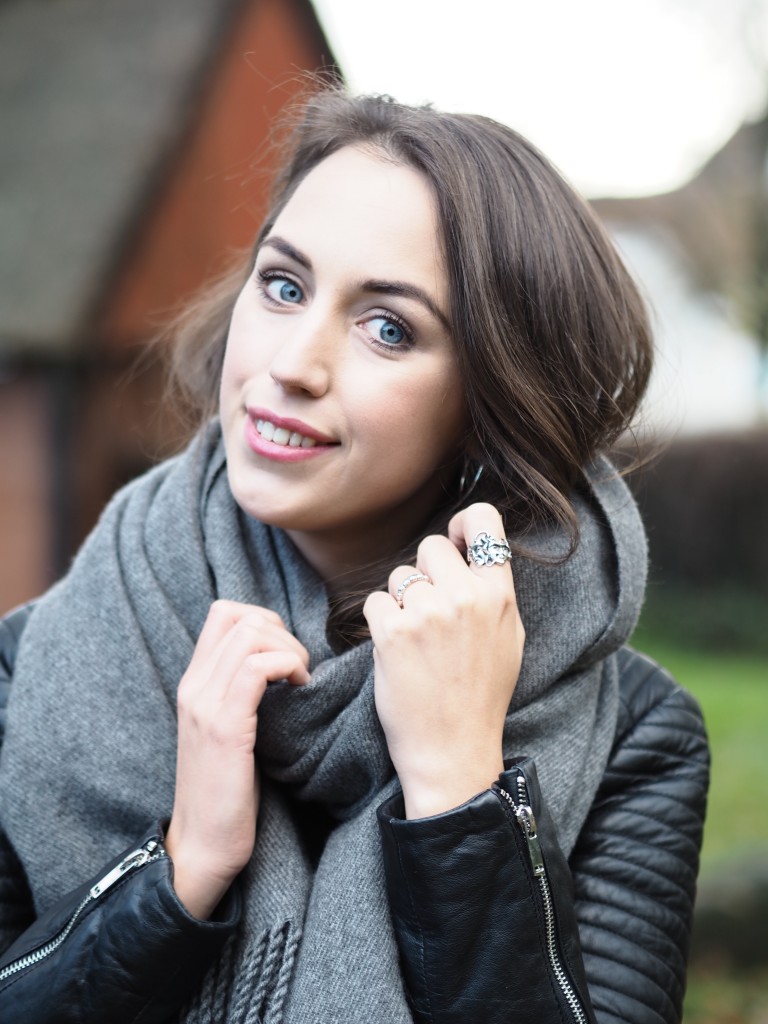 grey scarf leather jacket ootd